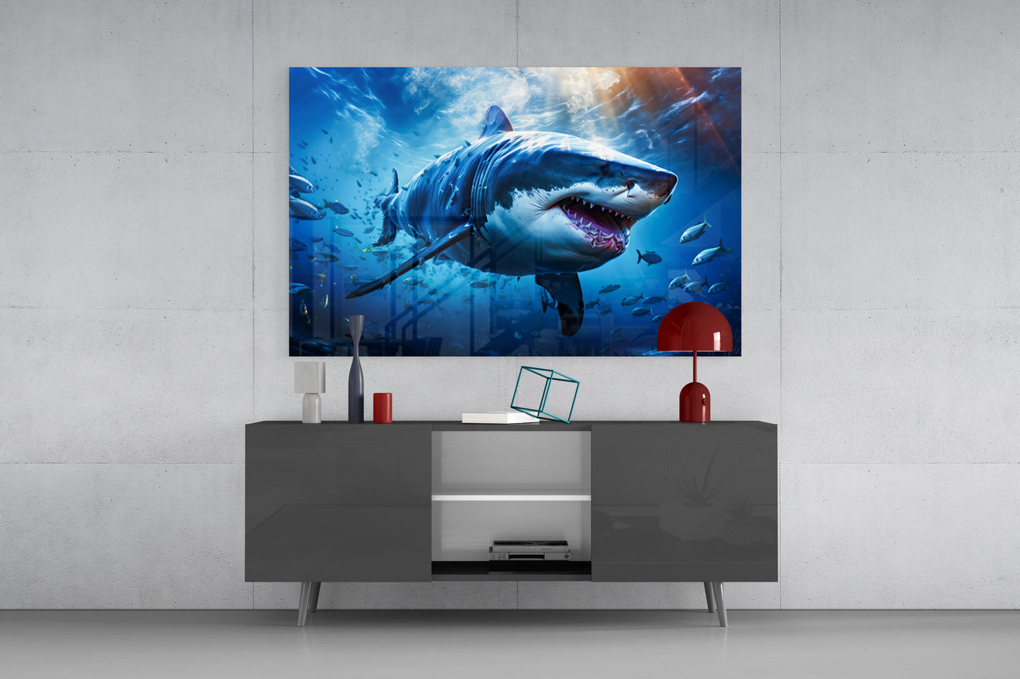 Deep Blue Fish School Shark Glass Wall Art