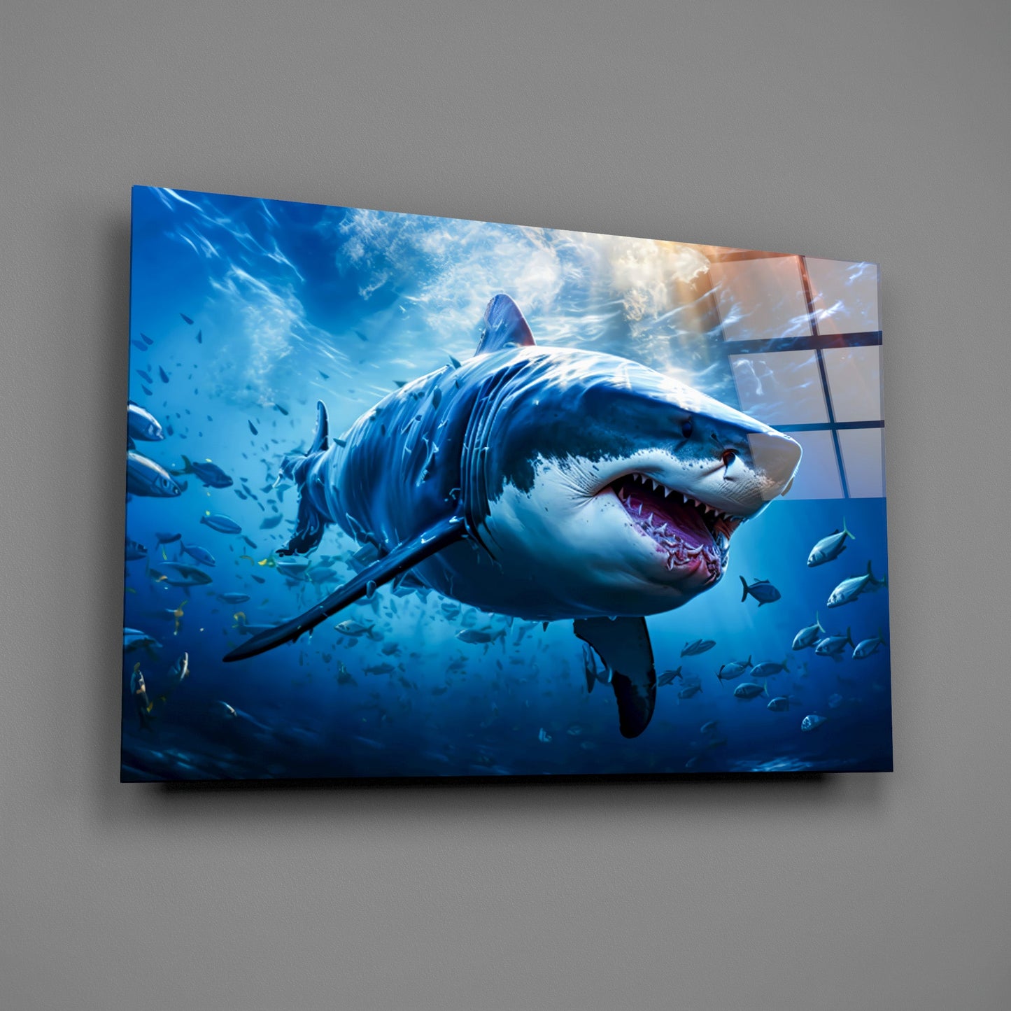 Deep Blue Fish School Shark Glass Wall Art