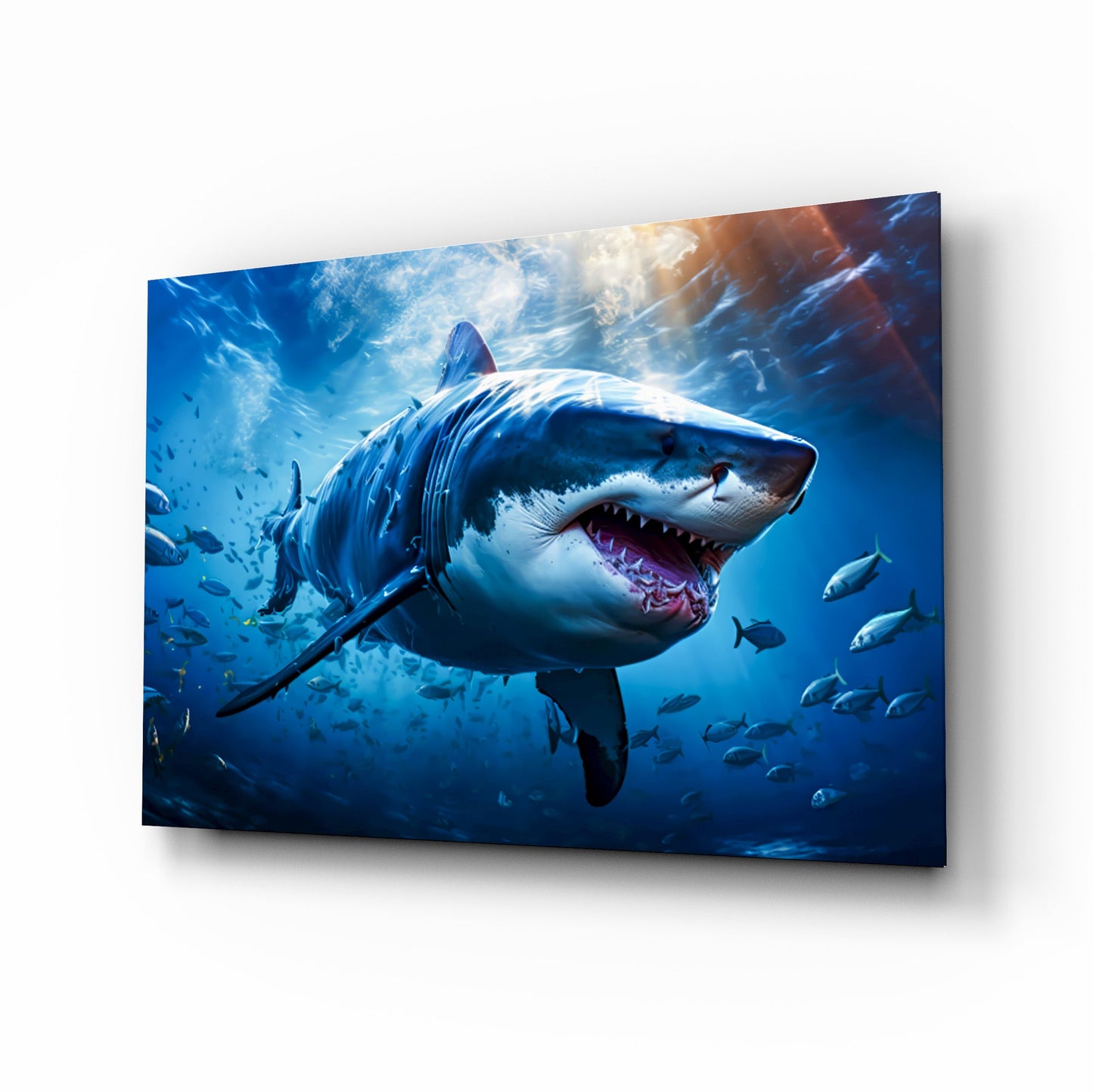Deep Blue Fish School Shark Glass Wall Art