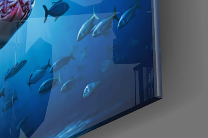 Deep Blue Fish School Shark Glass Wall Art