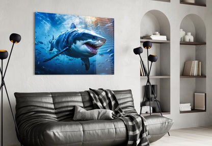 Deep Blue Fish School Shark Glass Wall Art