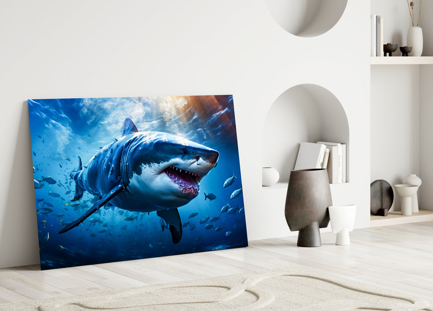 Deep Blue Fish School Shark Glass Wall Art