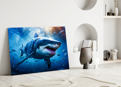 Deep Blue Fish School Shark Glass Wall Art