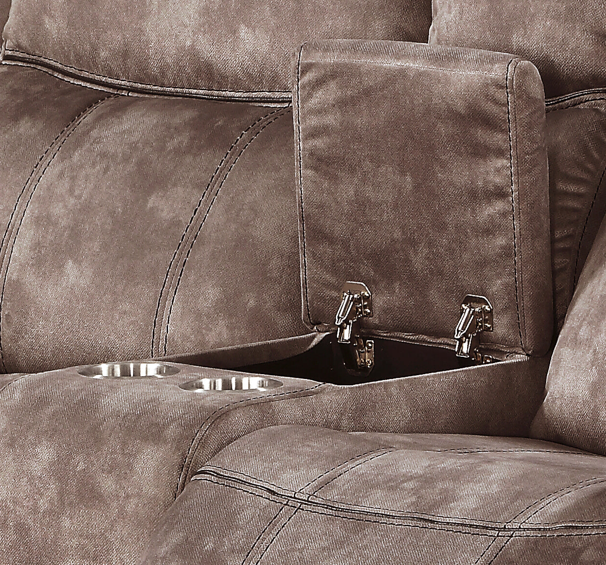 Zubaida Two Tone Chocolate Velvet Recliner Loveseat w/USB Port & Console