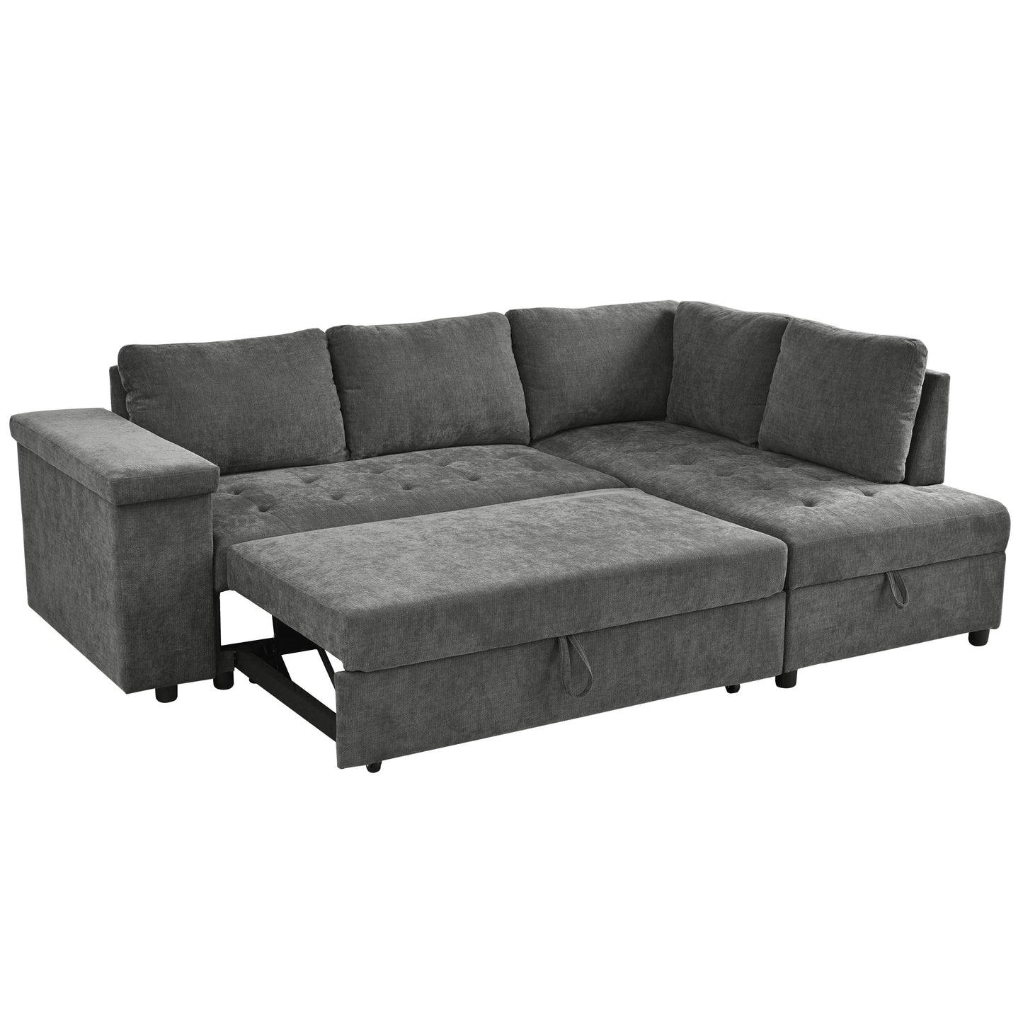 Sectional Sofa L-Shape Pull-Out Sleeper Polyester Gray 3 Seat 91 In