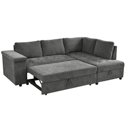Sectional Sofa L-Shape Pull-Out Sleeper Polyester Gray 3 Seat 91 In