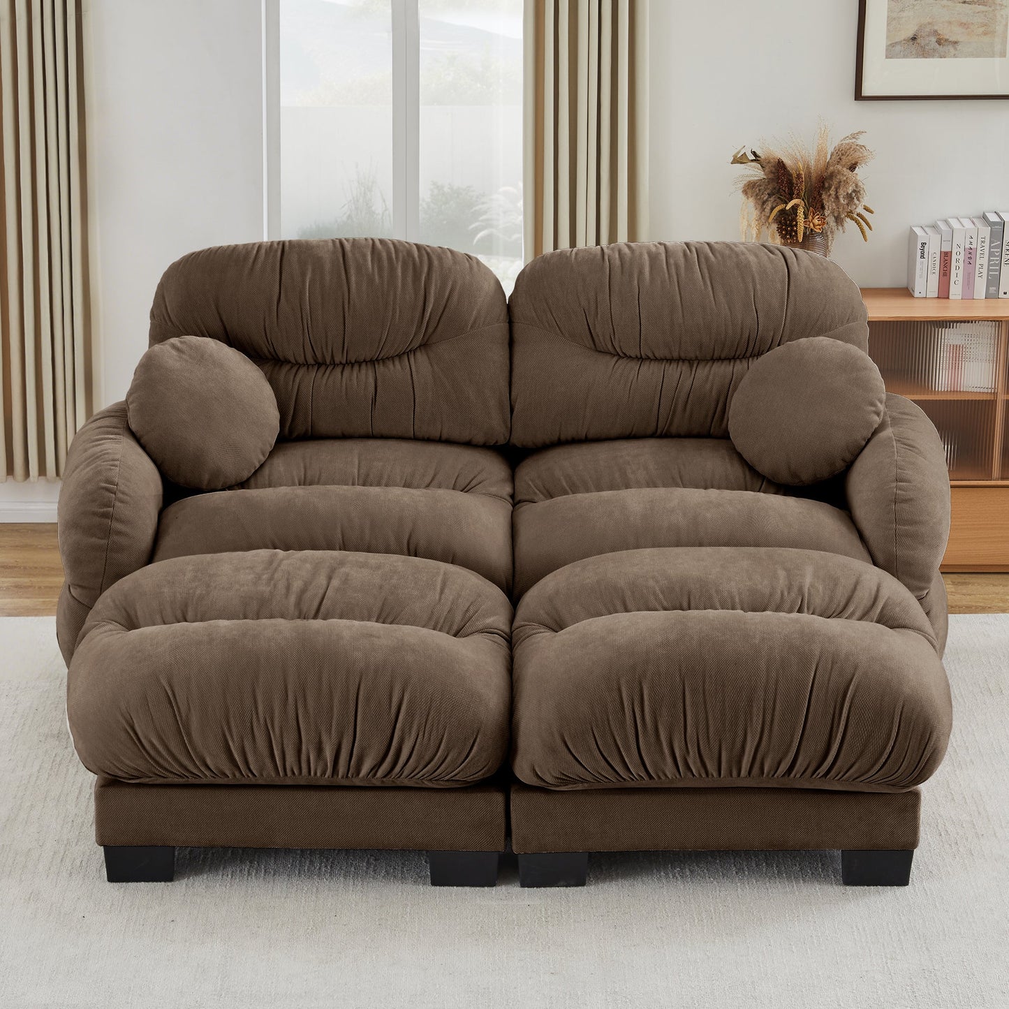 Sectional Sofa L-Shape Chenille Brown Pleated Backrest Modular 2 Ottomans