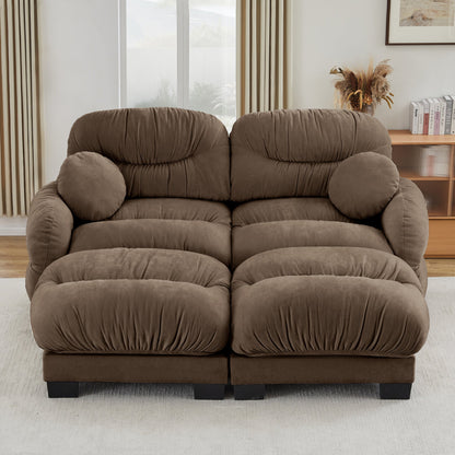 Sectional Sofa L-Shape Chenille Brown Pleated Backrest Modular 2 Ottomans