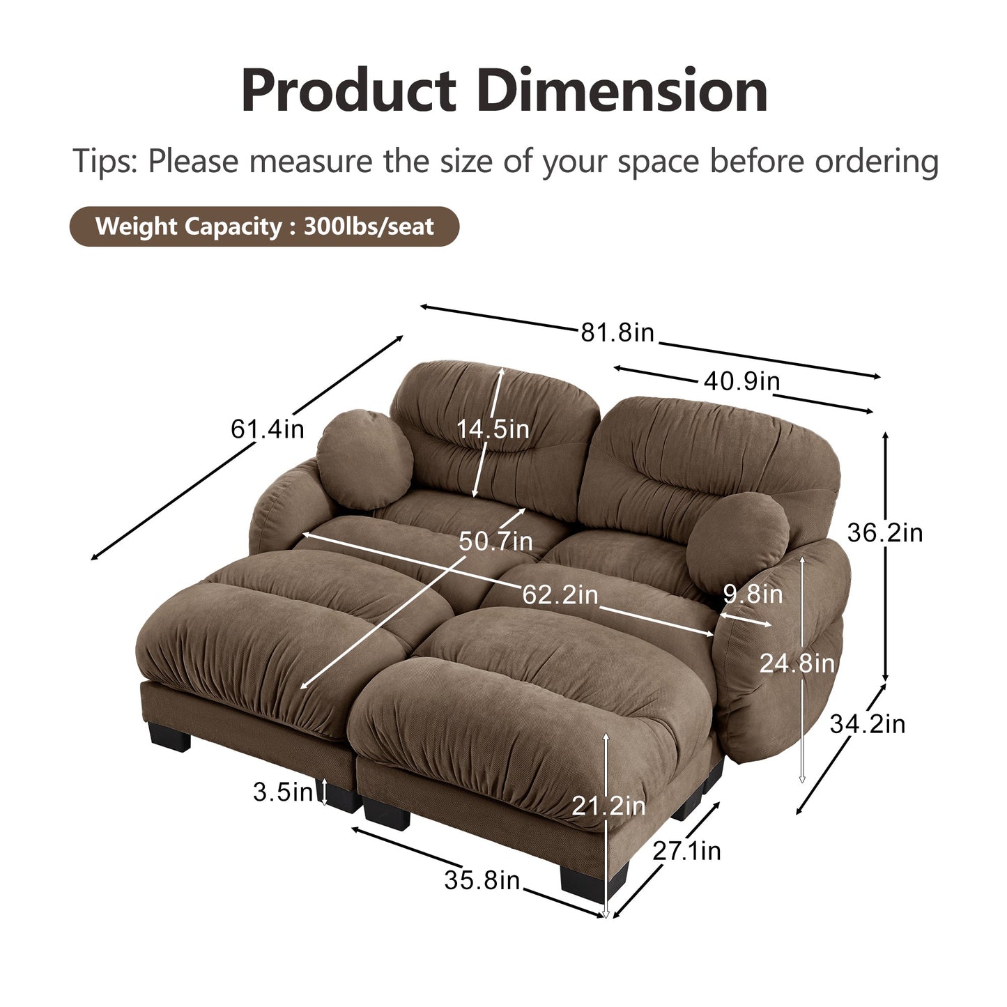 Sectional Sofa L-Shape Chenille Brown Pleated Backrest Modular 2 Ottomans