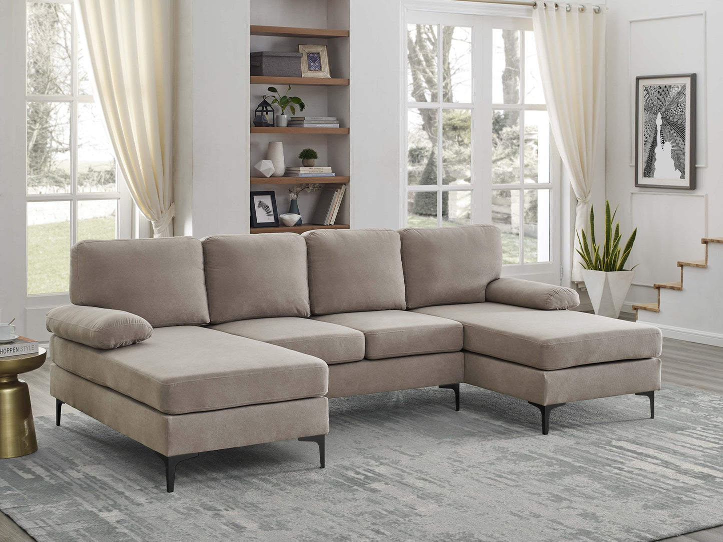 Sectional Sofa U-Shape Polyester Blend Khaki 4-Seat Double Chaise 106x56 In