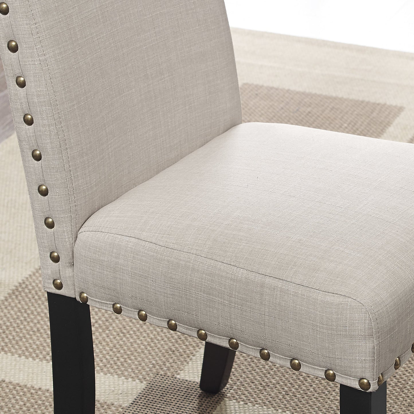 Biony Espresso Wood Dining Set with Tan Fabric Nailhead Chairs