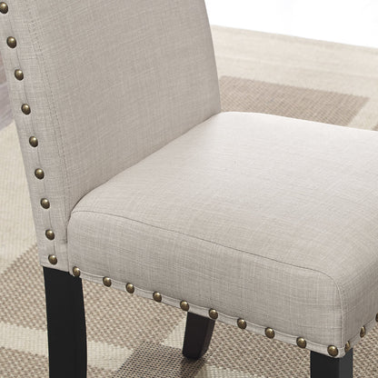 Biony Espresso Wood Dining Set with Tan Fabric Nailhead Chairs