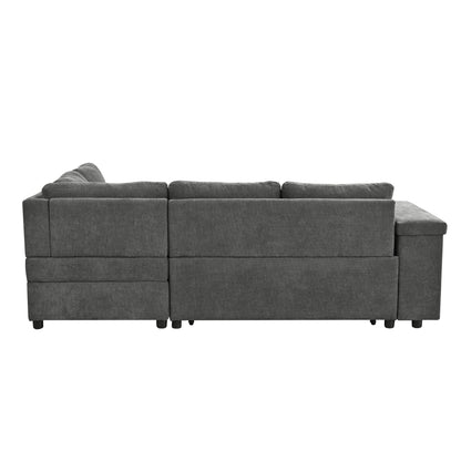 Sectional Sofa L-Shape Pull-Out Sleeper Polyester Gray 3 Seat 91 In