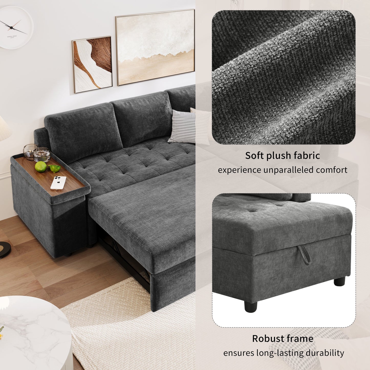 Sectional Sofa L-Shape Pull-Out Sleeper Polyester Gray 3 Seat 91 In