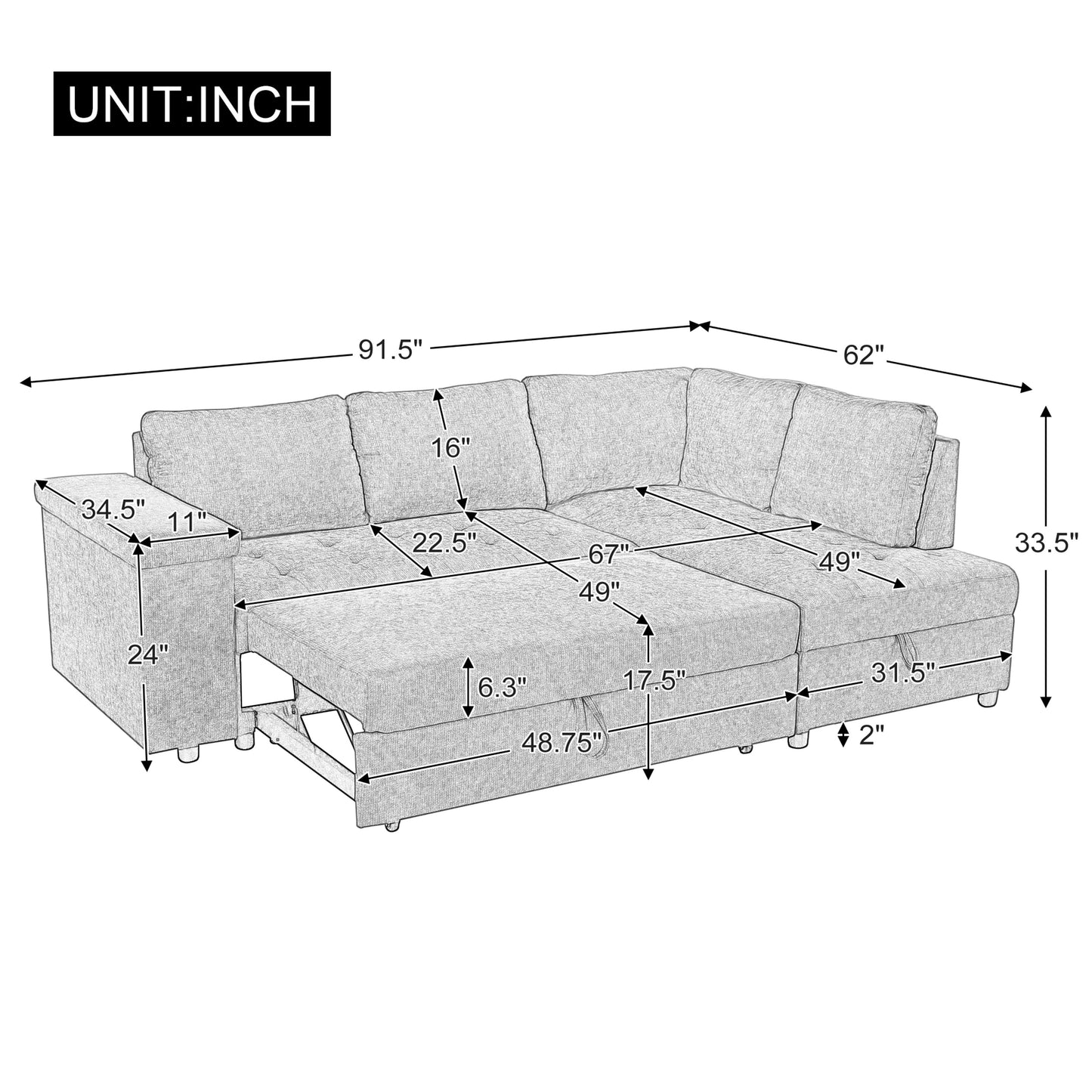 Sectional Sofa L-Shape Pull-Out Sleeper Polyester Gray 3 Seat 91 In