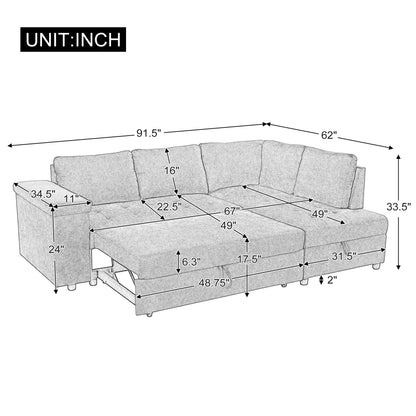 Sectional Sofa L-Shape Pull-Out Sleeper Polyester Gray 3 Seat 91 In