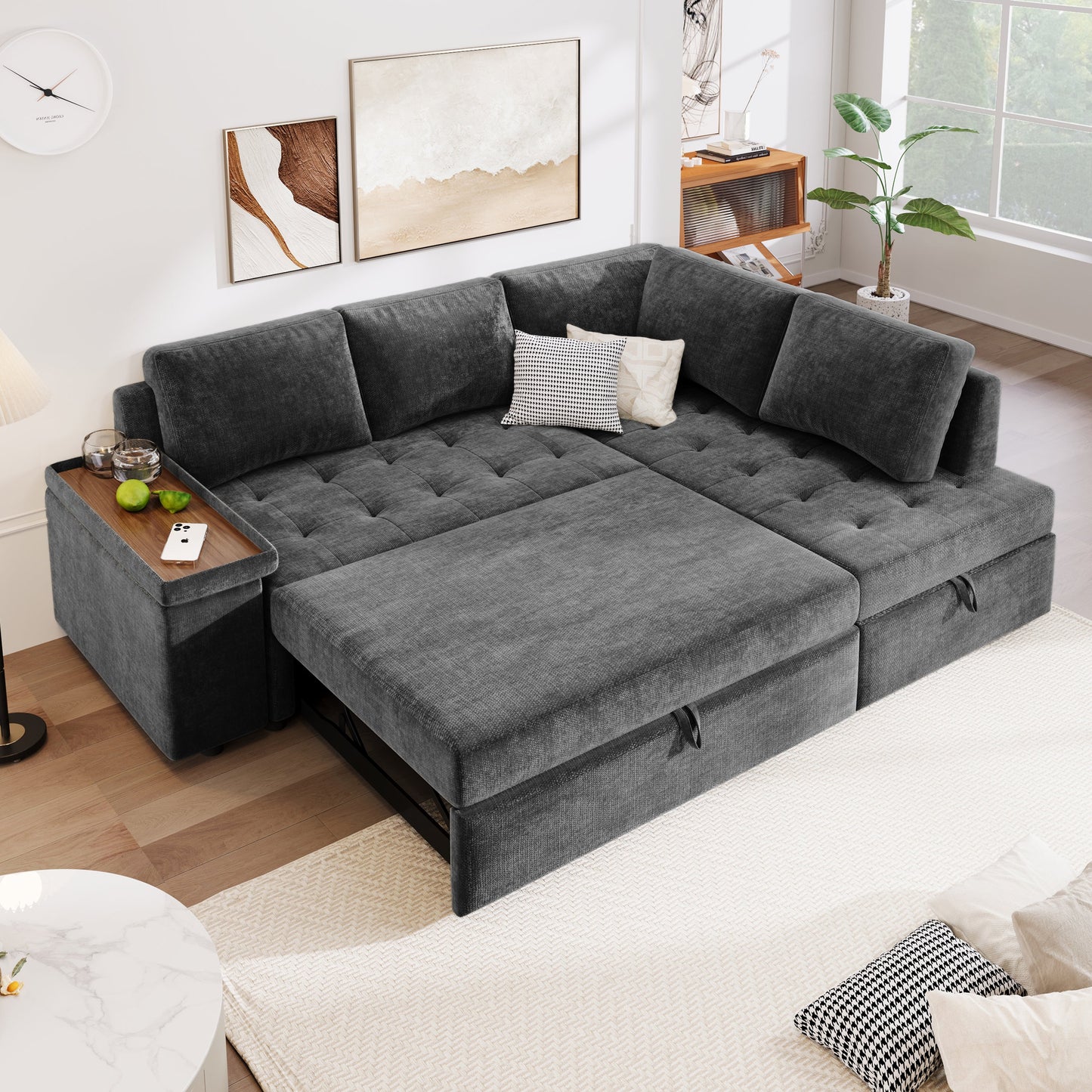 Sectional Sofa L-Shape Pull-Out Sleeper Polyester Gray 3 Seat 91 In