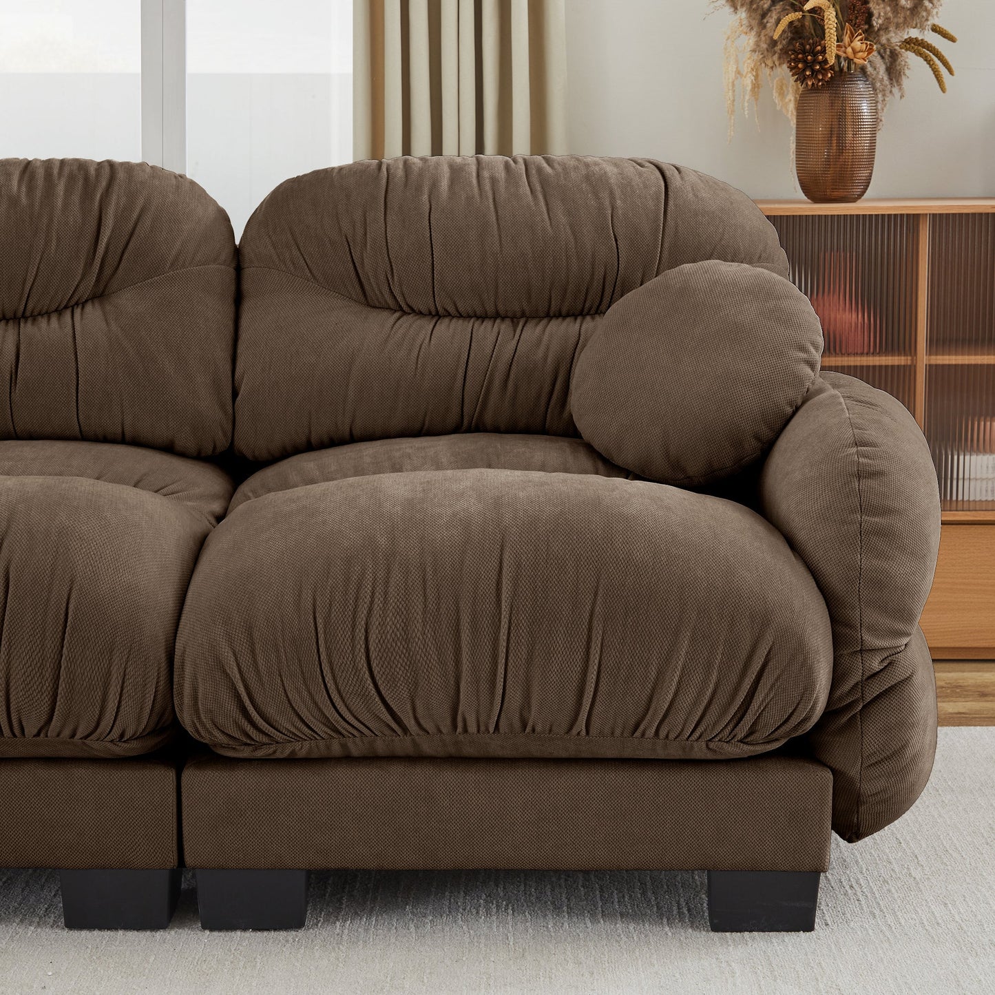 Sectional Sofa L-Shape Chenille Brown Pleated Backrest Modular 2 Ottomans