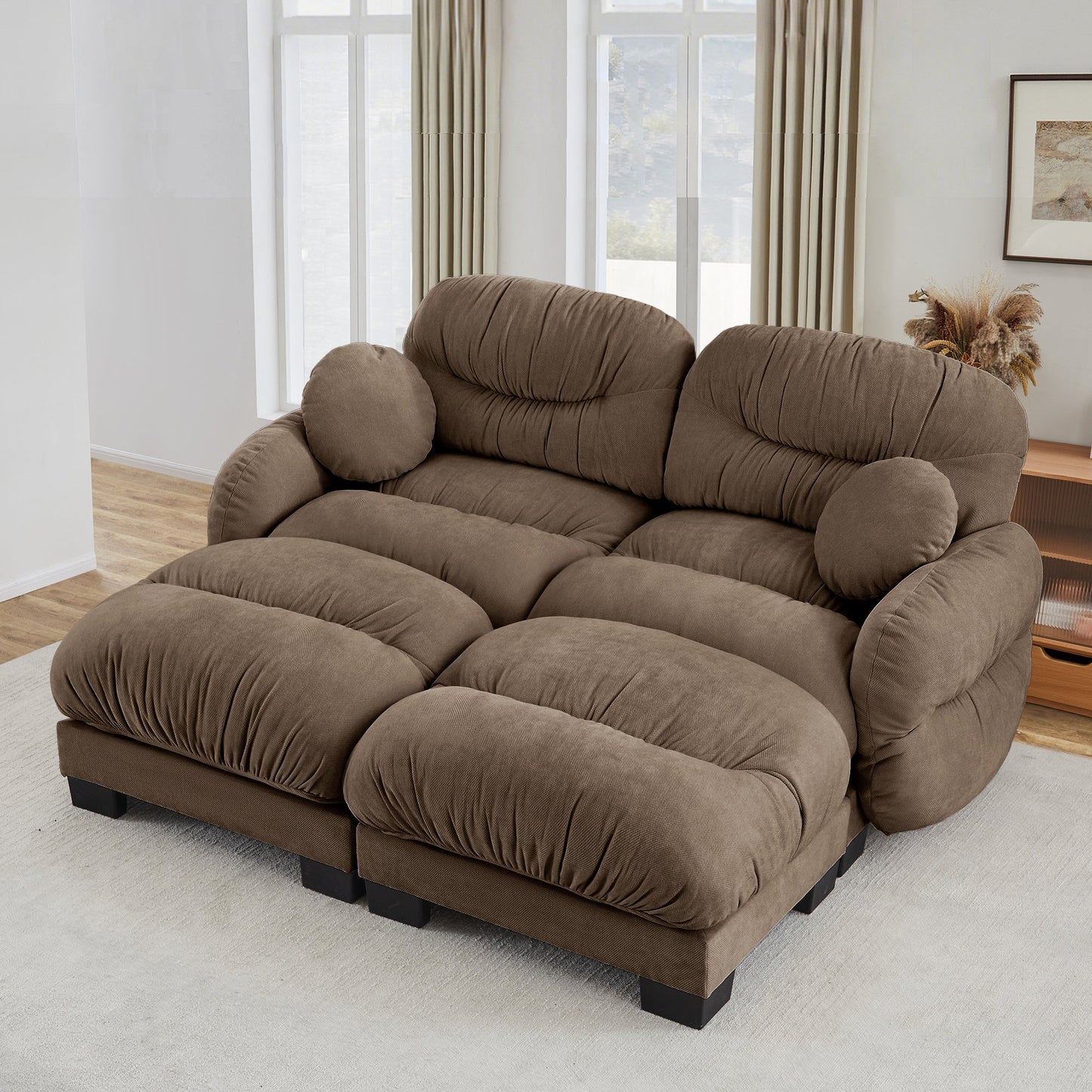 Sectional Sofa L-Shape Chenille Brown Pleated Backrest Modular 2 Ottomans
