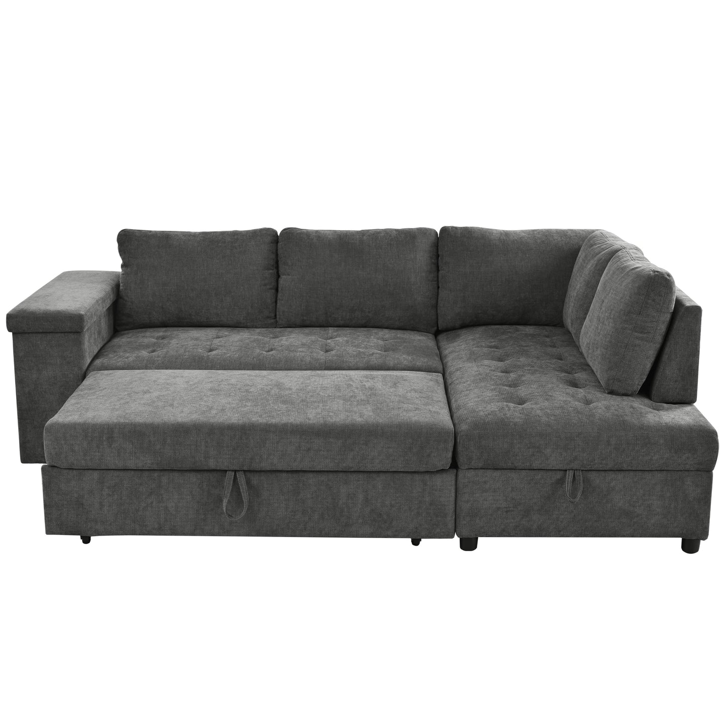 Sectional Sofa L-Shape Pull-Out Sleeper Polyester Gray 3 Seat 91 In