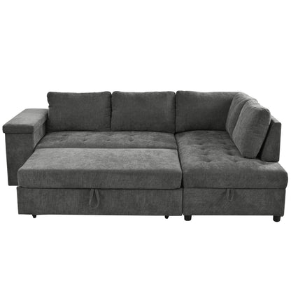 Sectional Sofa L-Shape Pull-Out Sleeper Polyester Gray 3 Seat 91 In