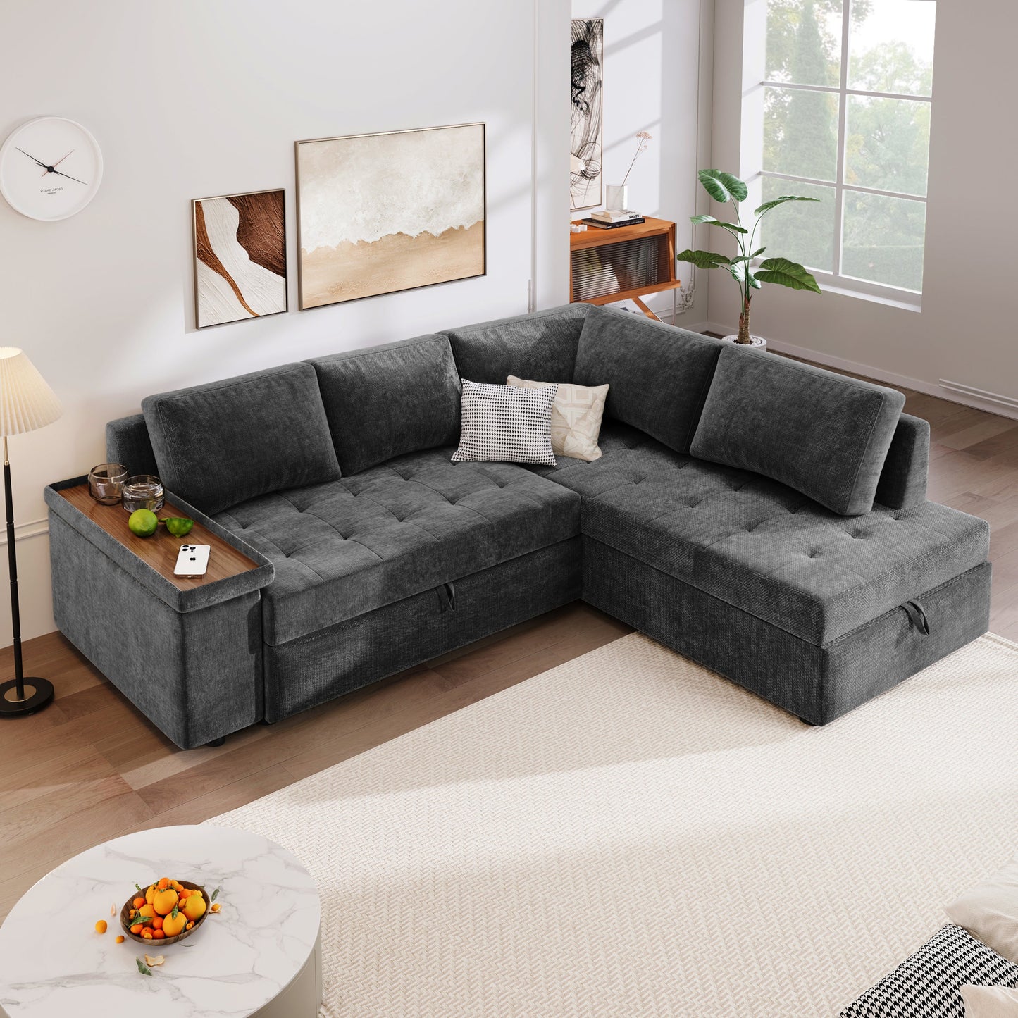 Sectional Sofa L-Shape Pull-Out Sleeper Polyester Gray 3 Seat 91 In