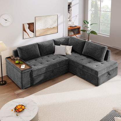 Sectional Sofa L-Shape Pull-Out Sleeper Polyester Gray 3 Seat 91 In