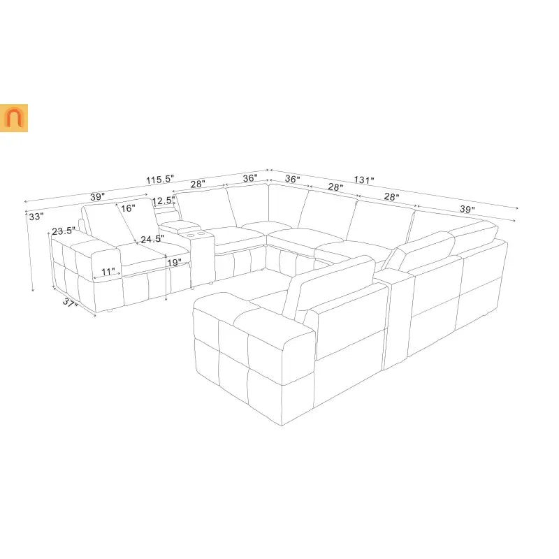 Sectional L-Shape Leather Match Ginger Square Arm 8-Seat 131in