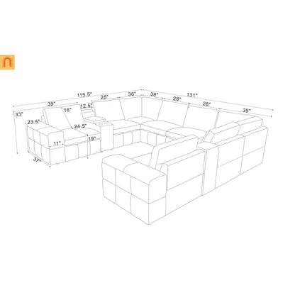 Sectional L-Shape Leather Match Ginger Square Arm 8-Seat 131in