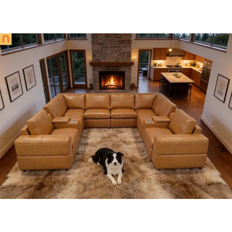 Sectional L-Shape Leather Match Ginger Square Arm 8-Seat 131in