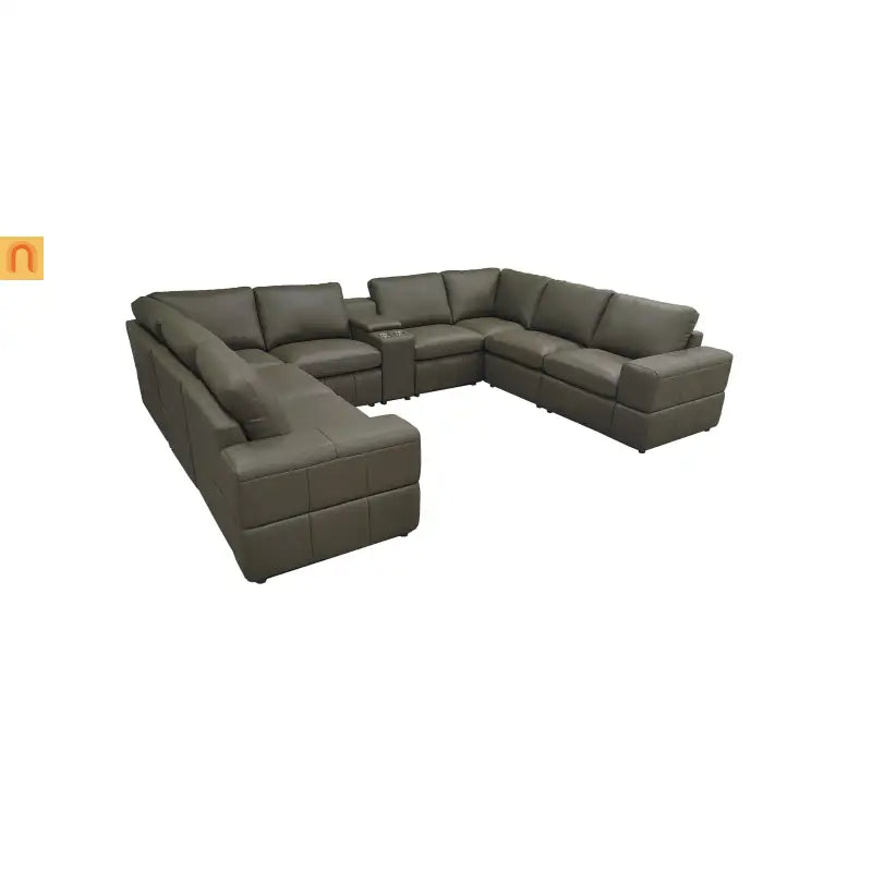 Sectional Modular Leather Match Olive Green Square Arm 8-Seat 143in