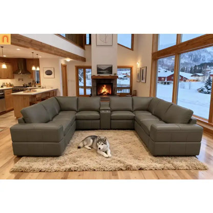 Sectional Modular Leather Match Olive Green Square Arm 8-Seat 143in