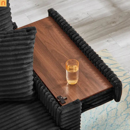 Sectional L-Shape Corduroy Black Storage Ottomans USB Tabletop 69in