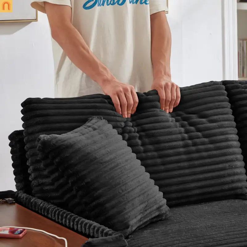Sectional L-Shape Corduroy Black Storage Ottomans USB Tabletop 69in