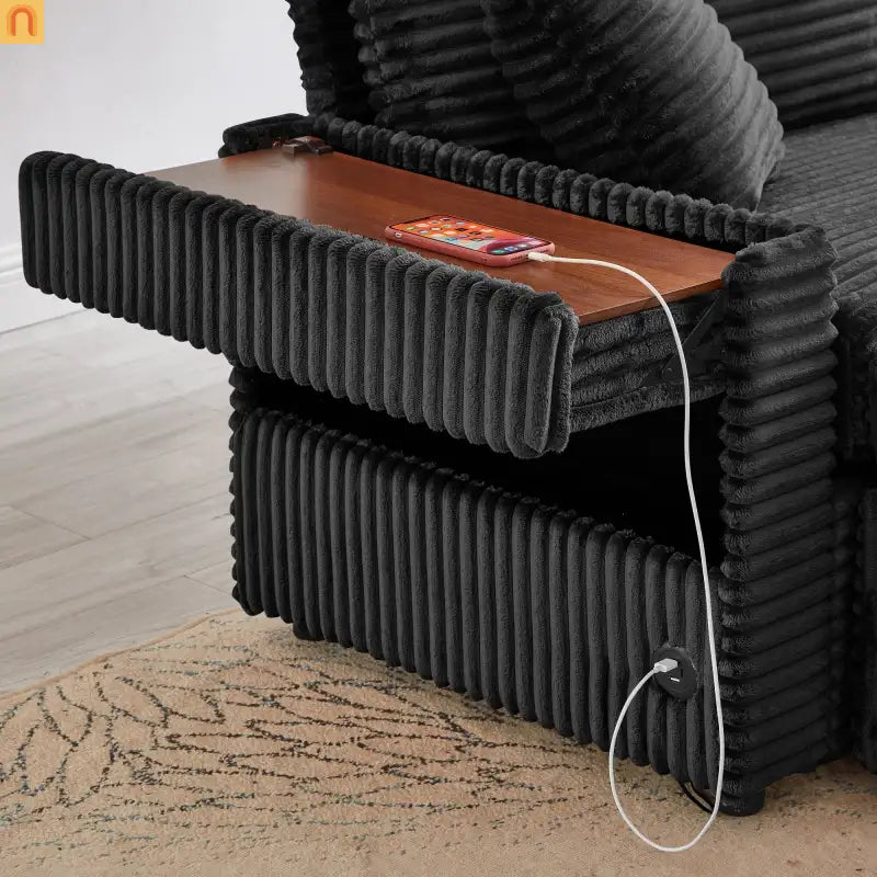 Sectional L-Shape Corduroy Black Storage Ottomans USB Tabletop 69in
