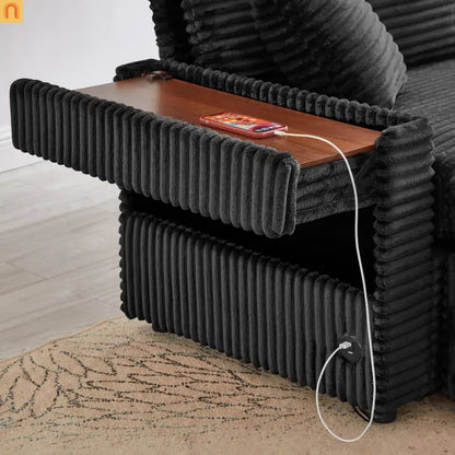 Sectional L-Shape Corduroy Black Storage Ottomans USB Tabletop 69in