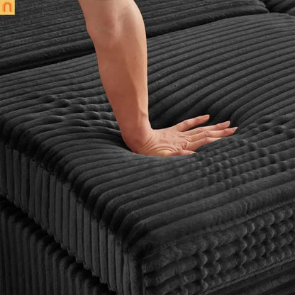 Sectional L-Shape Corduroy Black Storage Ottomans USB Tabletop 69in