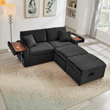 Sectional L-Shape Corduroy Black Storage Ottomans USB Tabletop 69in