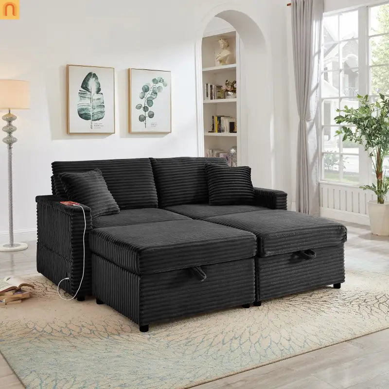Sectional L-Shape Corduroy Black Storage Ottomans USB Tabletop 69in
