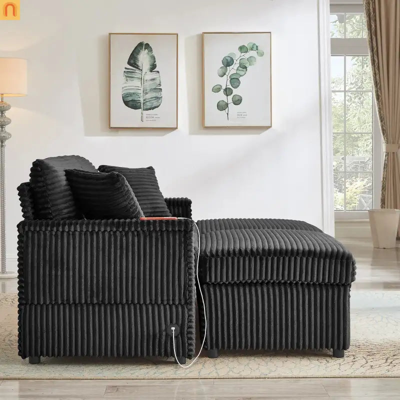 Sectional L-Shape Corduroy Black Storage Ottomans USB Tabletop 69in
