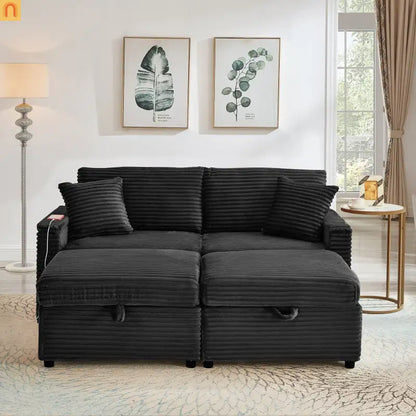 Sectional L-Shape Corduroy Black Storage Ottomans USB Tabletop 69in