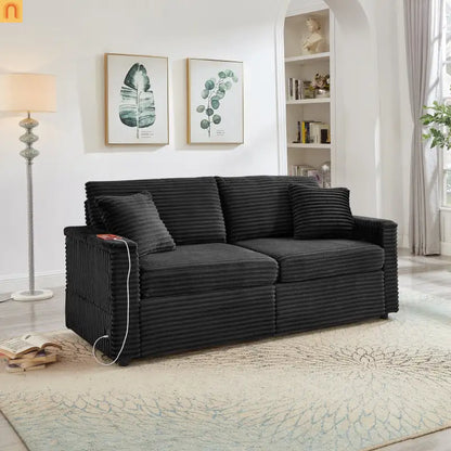 Sectional L-Shape Corduroy Black Storage Ottomans USB Tabletop 69in