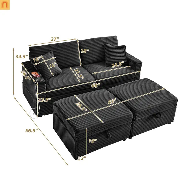 Sectional L-Shape Corduroy Black Storage Ottomans USB Tabletop 69in