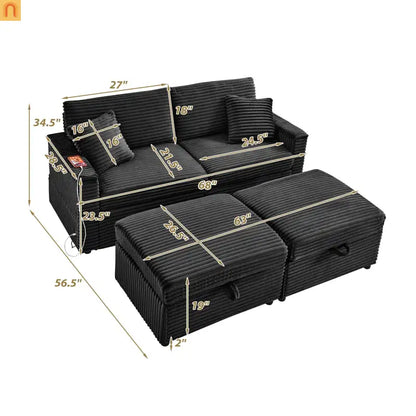 Sectional L-Shape Corduroy Black Storage Ottomans USB Tabletop 69in