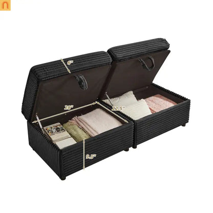 Sectional L-Shape Corduroy Black Storage Ottomans USB Tabletop 69in
