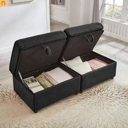 Sectional L-Shape Corduroy Black Storage Ottomans USB Tabletop 69in