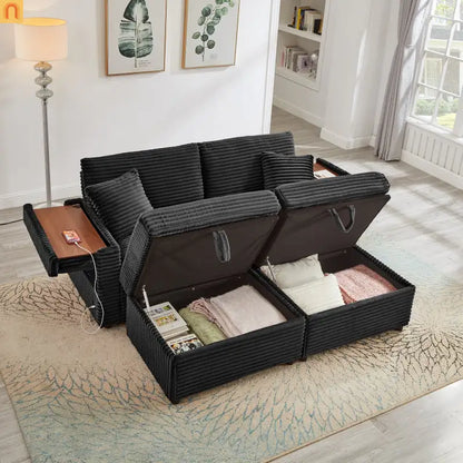 Sectional L-Shape Corduroy Black Storage Ottomans USB Tabletop 69in